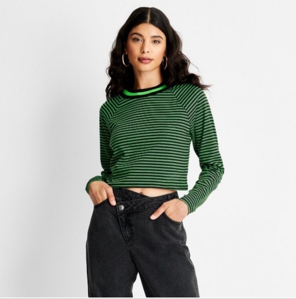 Future Collective Tops - Future Collective Kahlana Barfield Striped Green Long Sleeve Crop Top Size S